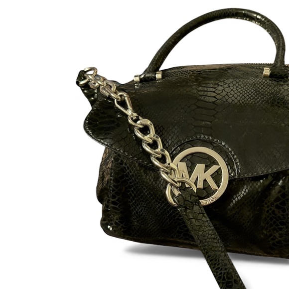 Michael Kors Chain Snake Embossed Leather Shoulder Bag/Cross Body Jet Set BlacK - Picture 3 of 15